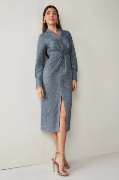 Next Blue Chambray Linen Blend Twist Front Collared Midi Dress