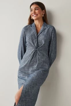 Next Blue Chambray Linen Blend Twist Front Collared Midi Dress -Fashion Women C68553s3