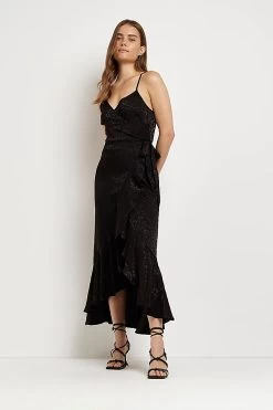 River Island Asymmetric Wrap Slip Black Maxi Dress