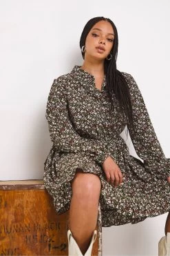Simply Be Floral Print Brown Shirt Dress -Fashion Women D09801s3