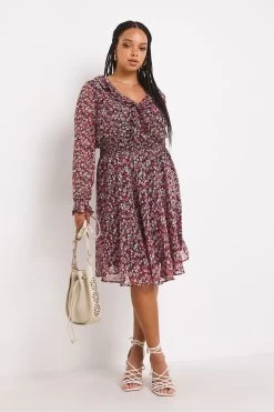Simply Be Pink Floral Ruffle Skater Dress -Fashion Women D11469s3