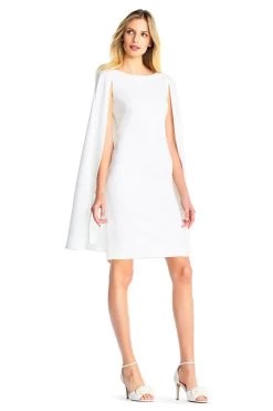Adrianna Papell White Structured Cape Sheath Dress