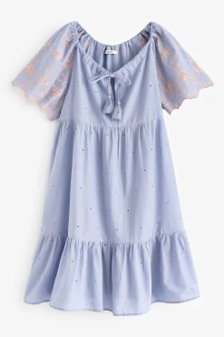 Next Embroidered Short Sleeve Woven Mix Kaftan Mini Dress -Fashion Women D23 260s5