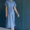 Next Blue Stripe Linen Blend Midi Shirt Dress -Fashion Women D24 025s