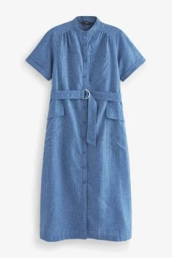Next Blue Stripe Linen Blend Midi Shirt Dress -Fashion Women D24 025s6