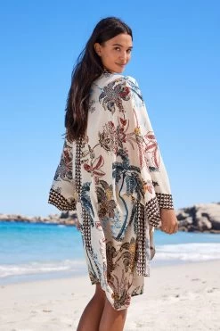 Next Cream Palm Print Longline Kimono -Fashion Women D28 373s4