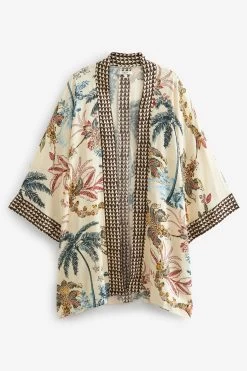 Next Cream Palm Print Longline Kimono -Fashion Women D28 373s6