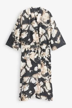 Next Black & White Black And White Floral Lightweight Satin Robe -Fashion Women D32 931s6