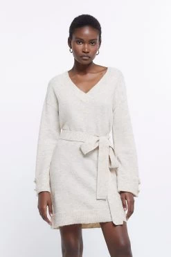 River Island Cream Wrap Bow Dress