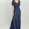 Gina Bacconi Blue Maybelle Sequin Mesh Illusion V-Neck Dress -Fashion Women D33298s
