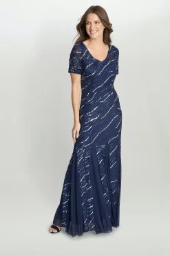 Gina Bacconi Blue Maybelle Sequin Mesh Illusion V-Neck Dress