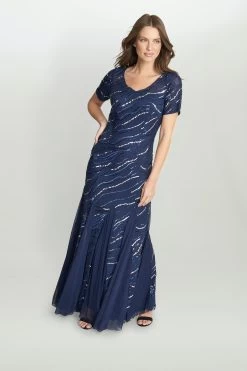 Gina Bacconi Blue Maybelle Sequin Mesh Illusion V-Neck Dress -Fashion Women D33298s3