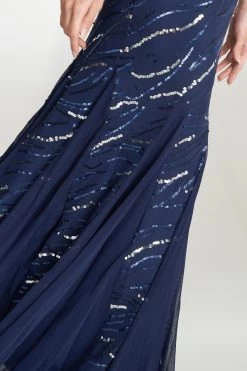 Gina Bacconi Blue Maybelle Sequin Mesh Illusion V-Neck Dress -Fashion Women D33298s4