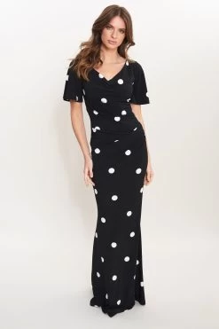 Gina Bacconi Spaced Spot Jersey Black Maxi Dress With Tucks