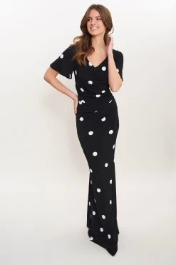 Gina Bacconi Spaced Spot Jersey Black Maxi Dress With Tucks -Fashion Women D33300s3