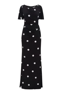 Gina Bacconi Spaced Spot Jersey Black Maxi Dress With Tucks -Fashion Women D33300s5
