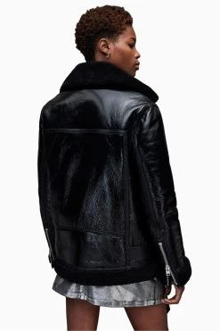 AllSaints Rei Black Shearling Jacket -Fashion Women D33366s4