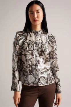 Ted Baker Dottiah Dark Brown Blouse With Ruffle Bib Detail