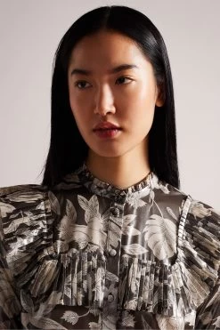 Ted Baker Dottiah Dark Brown Blouse With Ruffle Bib Detail -Fashion Women D40118s4