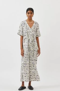 Minimum White Printed Short Sleeve Belted Jumpsuit