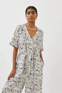 Minimum White Printed Short Sleeve Belted Jumpsuit -Fashion Women D51376s3