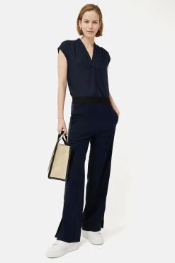 Jigsaw Blue Sleeveless Linen V-Neck Top -Fashion Women D52852s2