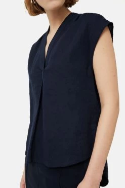 Jigsaw Blue Sleeveless Linen V-Neck Top -Fashion Women D52852s4