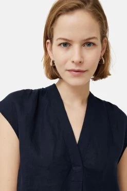 Jigsaw Blue Sleeveless Linen V-Neck Top -Fashion Women D52852s5