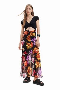 Desigual Sheer Flower Print Black Maxi Dress
