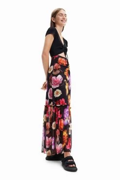 Desigual Sheer Flower Print Black Maxi Dress -Fashion Women D63982s3