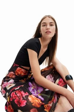 Desigual Sheer Flower Print Black Maxi Dress -Fashion Women D63982s4