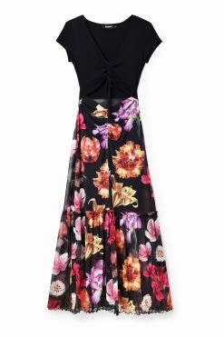 Desigual Sheer Flower Print Black Maxi Dress -Fashion Women D63982s5