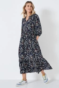 Crew Clothing Company Navy Blue Floral Print A-Line Dress
