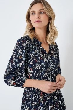 Crew Clothing Company Navy Blue Floral Print A-Line Dress -Fashion Women D64586s3