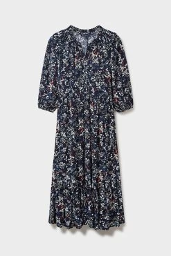 Crew Clothing Company Navy Blue Floral Print A-Line Dress -Fashion Women D64586s5