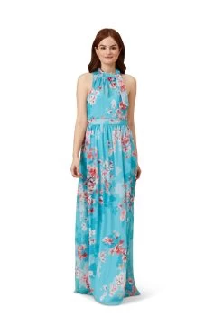 Adrianna Papell Floral Chiffon Tie Neck Gown