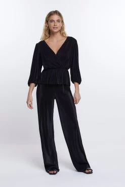 River Island Black Pull On Wide Leg Trousers