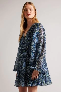 Ted Baker Blue Rohzan Tiered Swing Mini Dress -Fashion Women D73611s3