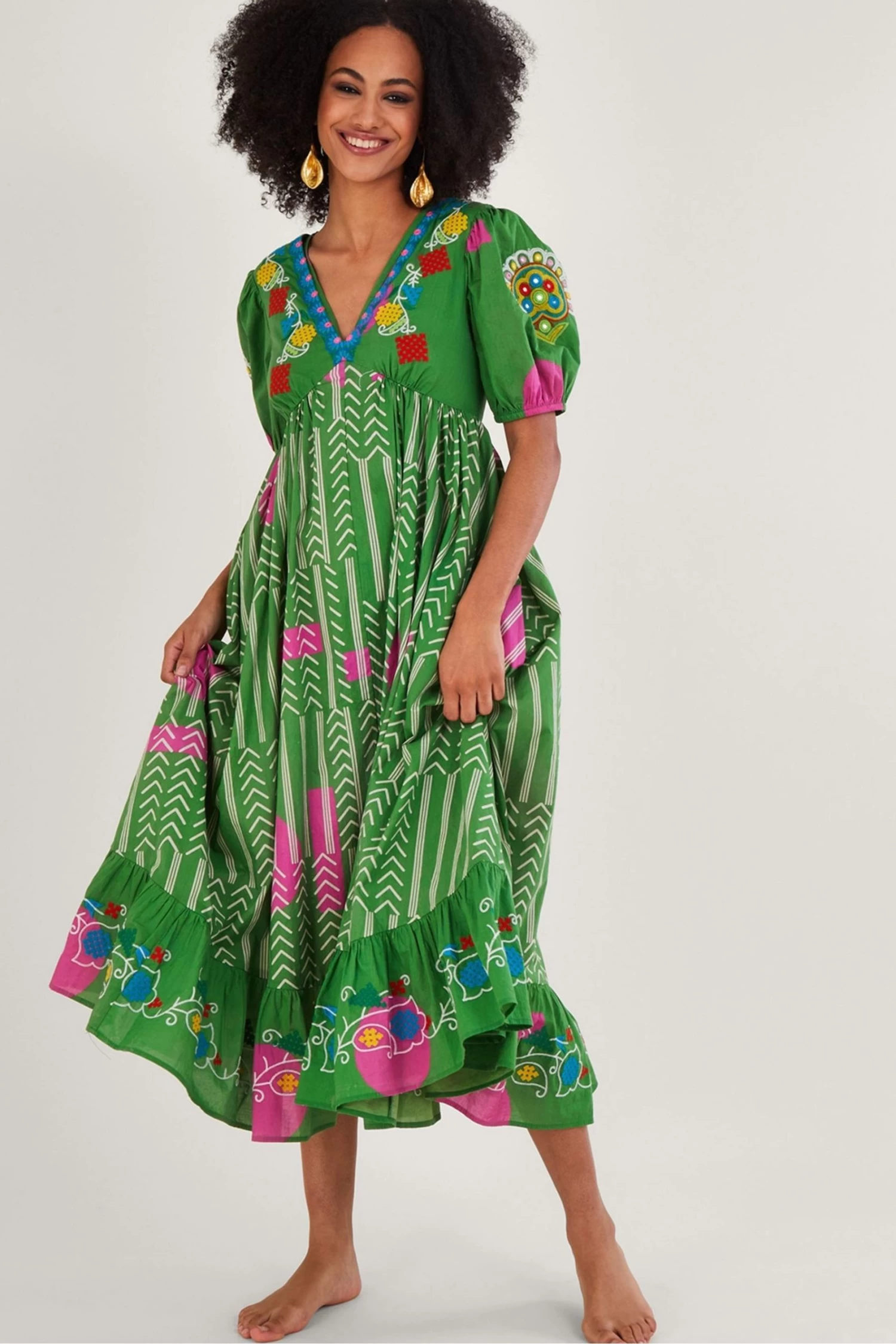 Monsoon Green Embroidered Chevron Batik Print Dress 3 Monsoon Green Embroidered Chevron Batik Print Dress