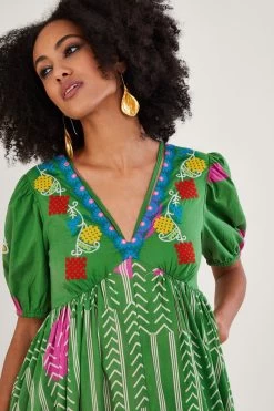 Monsoon Green Embroidered Chevron Batik Print Dress 7 Monsoon Green Embroidered Chevron Batik Print Dress -Fashion Women D73654s2