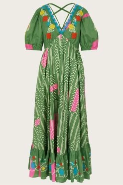 Monsoon Green Embroidered Chevron Batik Print Dress 9 Monsoon Green Embroidered Chevron Batik Print Dress -Fashion Women D73654s4