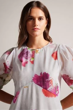 Ted Baker Mekayla White Empire Line Midi Dress With Puff Sleeves -Fashion Women D76029s3