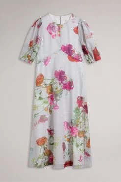 Ted Baker Mekayla White Empire Line Midi Dress With Puff Sleeves -Fashion Women D76029s4