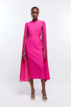 River Island Pink Chiffon Sleeve Bodycon Midi Dress