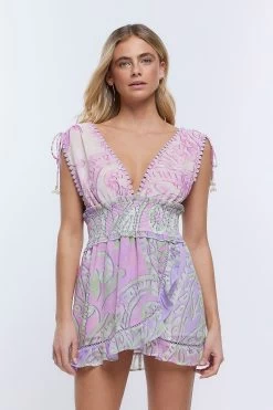 River Island Purple Plunge Mix Print Playsuit