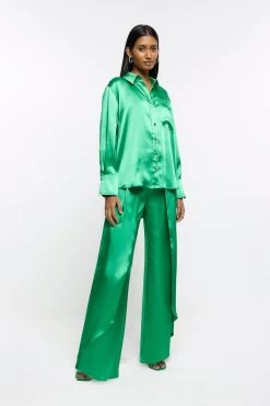 River Island Green Wrap Over Wide Leg Trousers -Fashion Women D87922s3