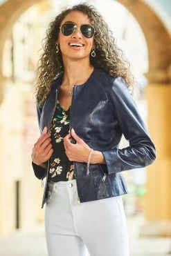 Sosandar Zip Front Round Neck Leather Jacket -Fashion Women K12994s5