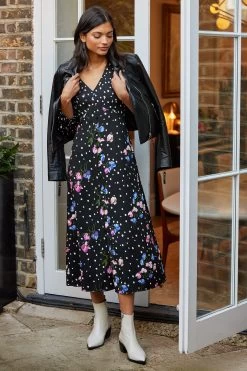 Love & Roses Printed V Neck Button Front Midi Dress -Fashion Women K18384s3