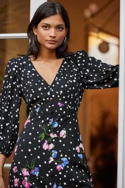 Love & Roses Printed V Neck Button Front Midi Dress -Fashion Women K18384s4
