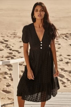 Lipsy Broderie V Neck Puff Sleeve Midi Summer Dress